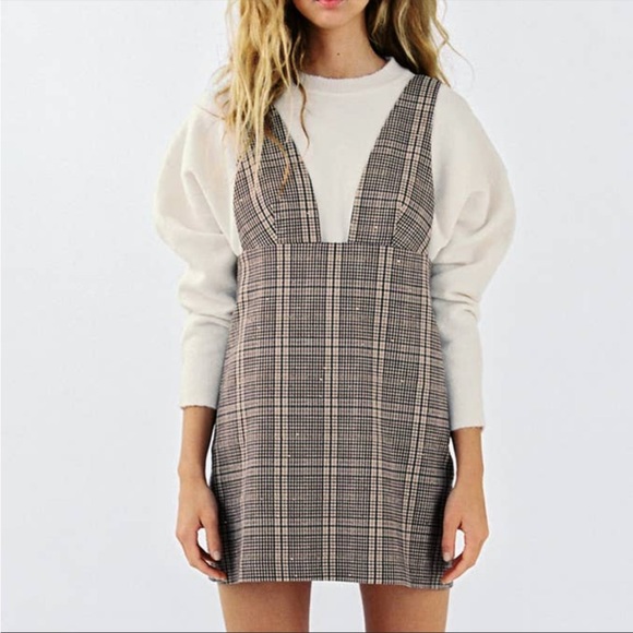 Zara Dresses & Skirts - Zara plaid brown Pinafore with metallic detail
